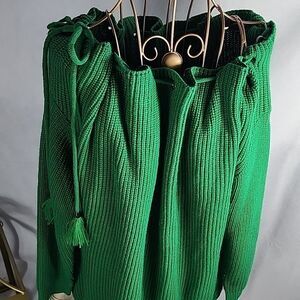 Holiday Green Chunky Knit Off or On Shoulder Drawstring Sweater